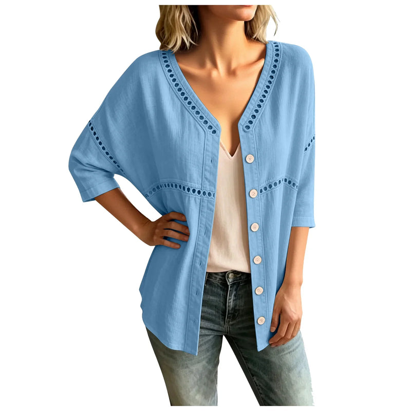 Cardigan Marelia™ em Linho de Algodão com Detalhes Vazados e Decote Em V / Sofisticação Exclusiva Inspirada No Mediterrâneo