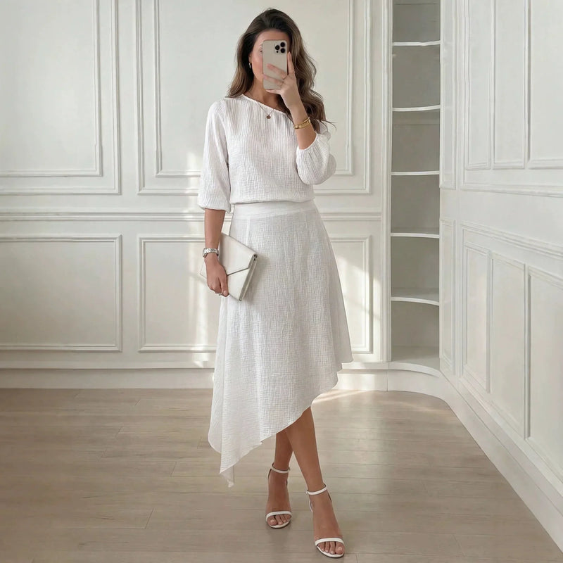 Conjunto Clarisse™ em Viscose Texturizada, Blusa de Ombro Único e Saia de Caimento Fluido