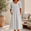 Vestido Elvanna™ com Estampa de Listras Delicadas e Botões Decorativos Chiques / Charme Retrô Para Um Visual Feminino