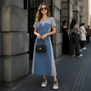 Vestido Alisse™ com Painel Jeans e Design Moderno