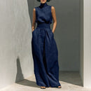 Conjunto Lysenne™ em Linho de Algodão com Gola Alta Drapeada e Pantalona Ampla